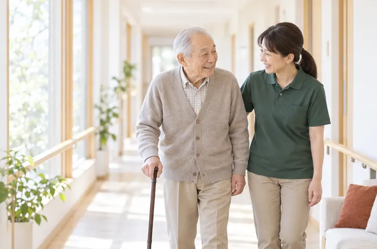 職員と高齢の男性が廊下を並んで歩いている（イメージ）
