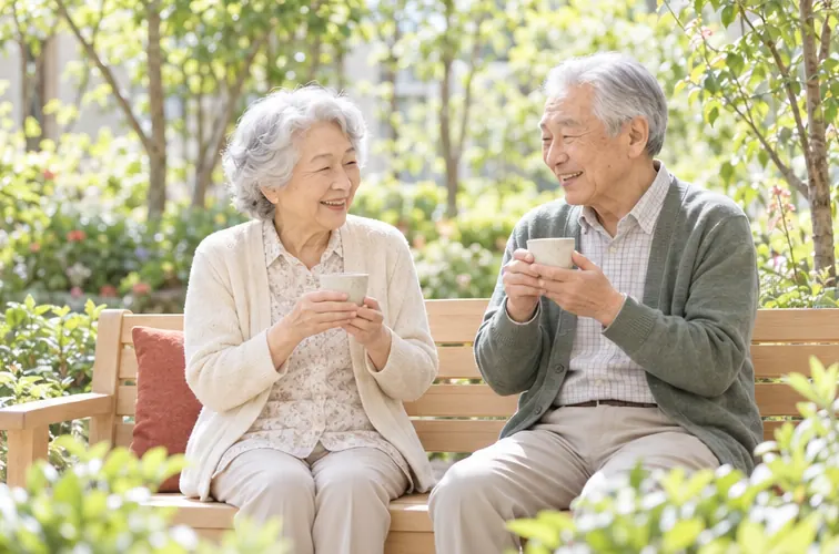 庭のベンチでお茶を飲む高齢の夫婦（イメージ）