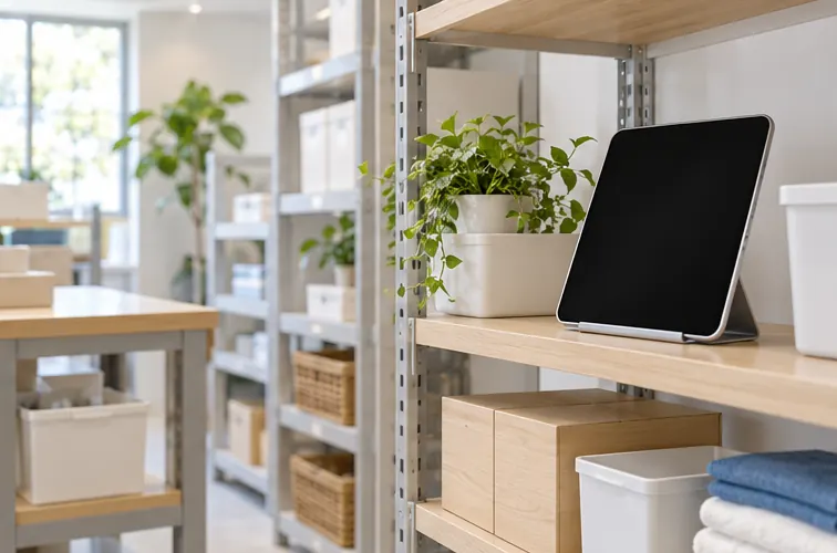 売り場のバックヤードとタブレット(人なし)