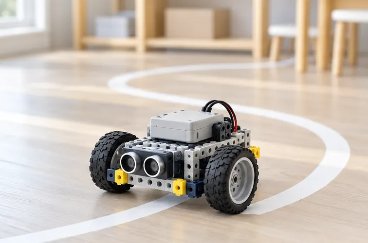 テープのコースを走るロボットカー