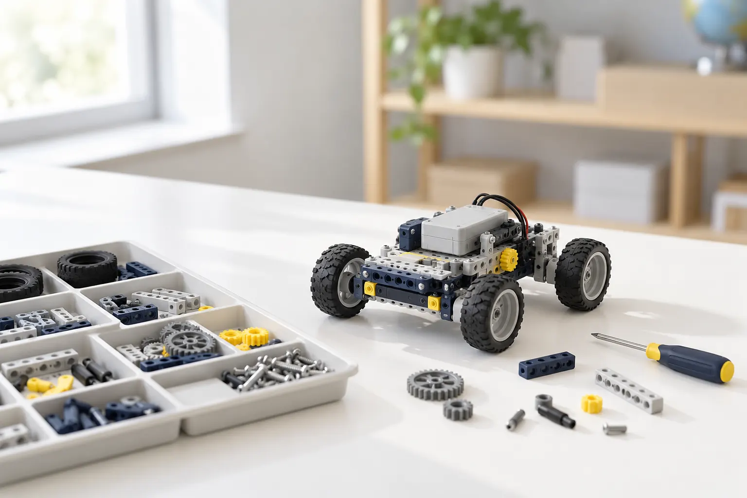 組み立て途中のロボットカーと部品トレー